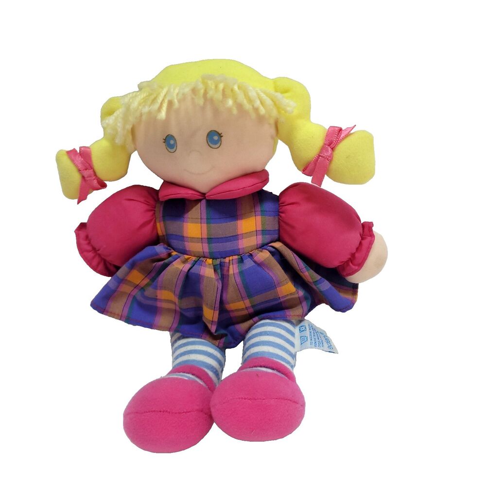 Eden Clothe Doll Blonde Stuffed‎ Girl 10" Toy Plaid Dress Pigtails Bows